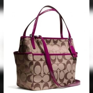 Coach Signature Stripe diaper bag in a tote Style.